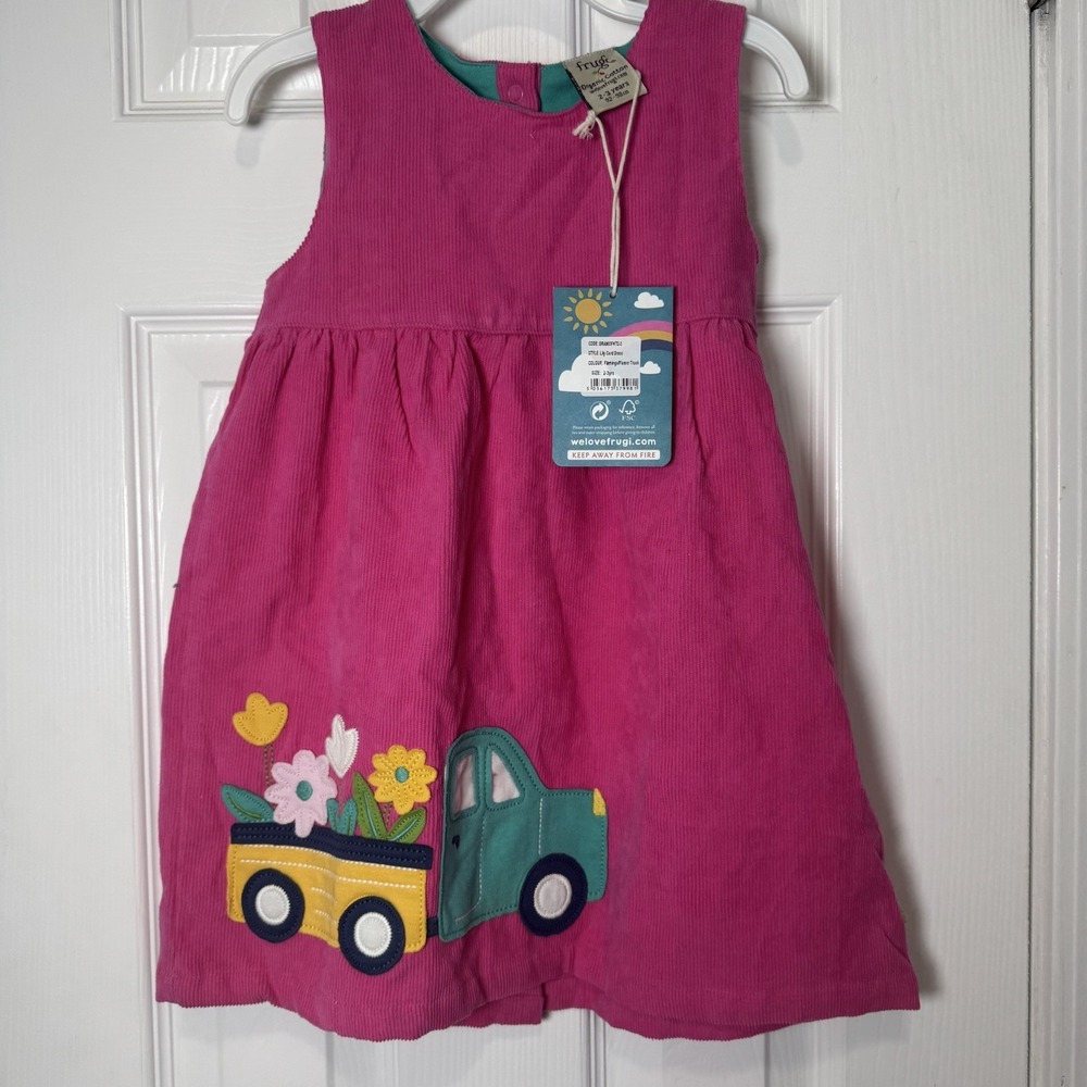 Frugi Truck Flowers Corduroy‎ Pink Tank Dress Girls 2-3yrs NWT